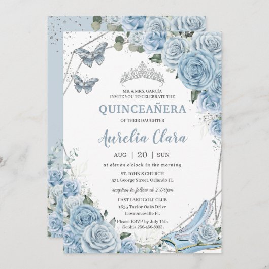 Invitation Quinceañera Cendrillon Princesse Bleu Floral (Devant / Derrière)
