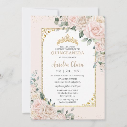 Invitation Quinceañera Champagne Blush Ivory Floral Gold (Devant)