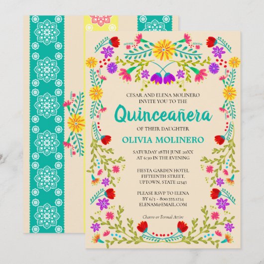 Invitation Quinceanera, Champagne Florale Mexicaine (Devant / Derrière)