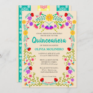 Invitation Quinceanera, Champagne Florale Mexicaine