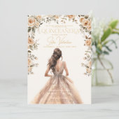 Invitation Quinceañera Champagne Gold Floral Gown Princesse (Debout devant)