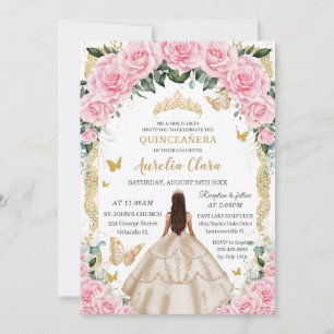 Invitation Quinceañera Champagne Rose Floral Vintage Or