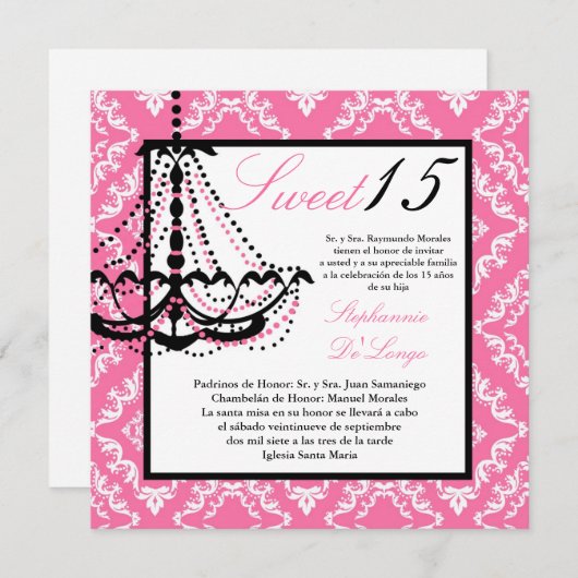 Invitation Quinceanera, chandelier rose 5x5 (Devant / Derrière)
