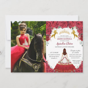Invitation Quinceañera Charro Red Floral Princess Gold Hors