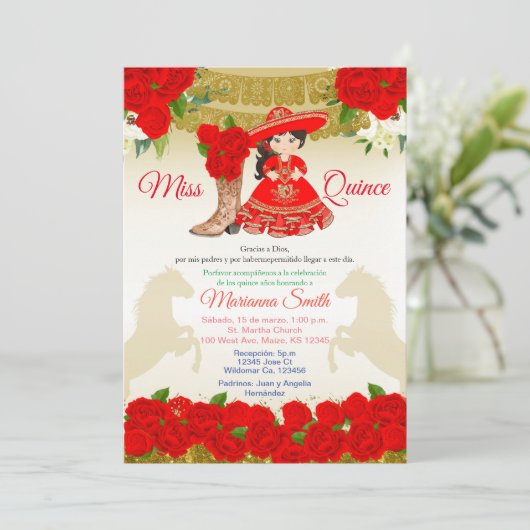 Invitation Quinceañera Charro Rouge Or (Debout devant)