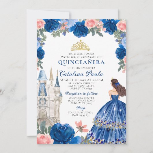 Invitation Quinceañera Château Princesse Or Bleu (Devant)