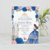 Invitation Quinceañera Château Princesse Or Bleu (Debout devant)
