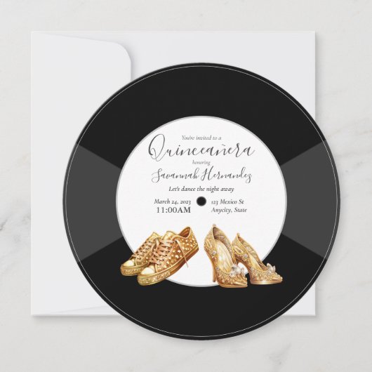 Invitation Quinceañera Chaussures Vinyl Record Photo Golden (Devant)