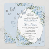Invitation Quinceañera Chic Baby Blue Floral Papillons (Devant / Derrière)