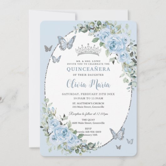 Invitation Quinceañera Chic Baby Blue Floral Papillons (Devant)
