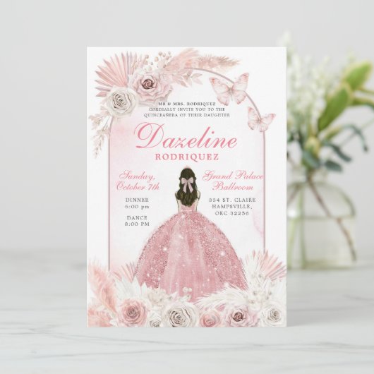 Invitation Quinceanera Chic Boho Rose (Debout devant)