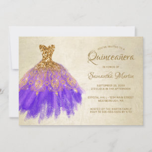 Invitation Quinceanera Chic Gold Purple robe sur Gold Party I