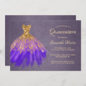 Invitation Quinceanera Chic Gold Purple robe sur Plum Party (Devant / Derrière)