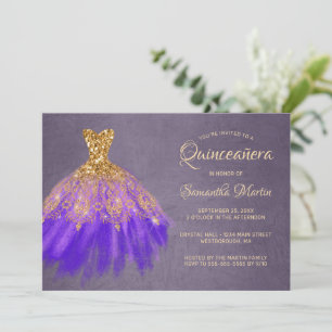 Invitation Quinceanera Chic Gold Purple robe sur Plum Party