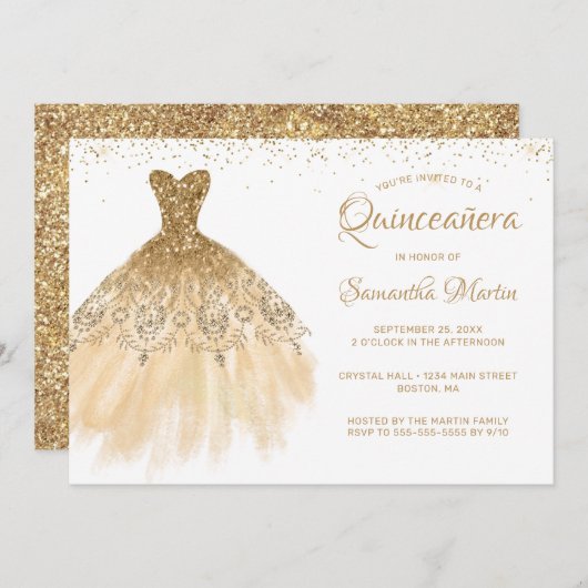 Invitation Quinceanera Chic Gold Robe Parties scintillant Bla (Devant / Derrière)