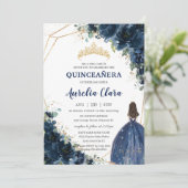 Invitation Quinceañera Chic Navy Bleu Floral Princesse Couron (Debout devant)