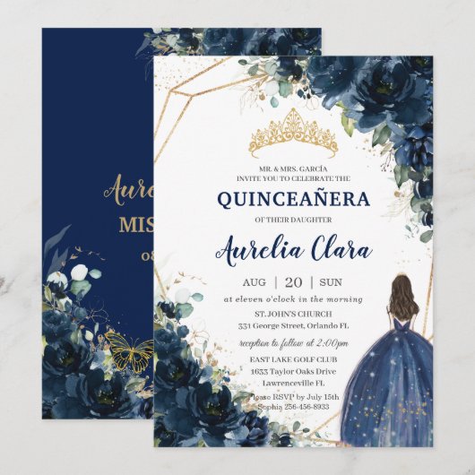Invitation Quinceañera Chic Navy Bleu Floral Princesse Couron (Devant / Derrière)