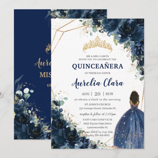 Invitation Quinceañera Chic Navy Blue Floral Brown Princesse (Devant / Derrière)
