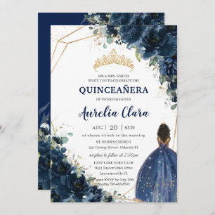 Invitation Quinceañera Chic Navy Blue Floral Brown Princesse
