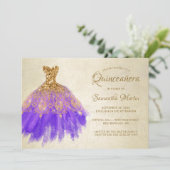 Invitation Quinceanera Chic Or Purple Robe Gold Glam Party (Debout devant)