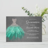 Invitation Quinceanera Chic Silver Aqua Robe sur Grey Party (Debout devant)