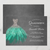 Invitation Quinceanera Chic Silver Aqua Robe sur Grey Party (Devant / Derrière)