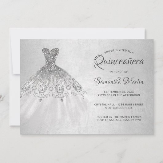 Invitation Quinceanera Chic Silver Dress Silver Parties scint (Devant)