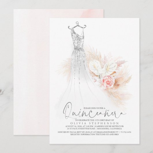 Invitation Quinceañera Chic Silver Pampas Grass 15e anniversa (Devant / Derrière)