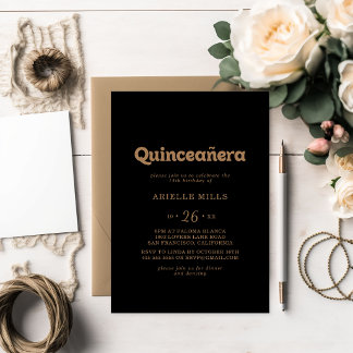 Invitation Quinceañera Classique Minimaliste Or Noir