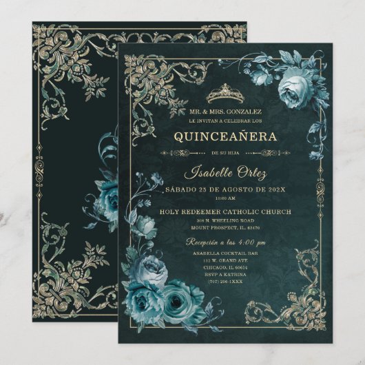 Invitation Quinceañera Color Esmeralda y oro (Devant / Derrière)