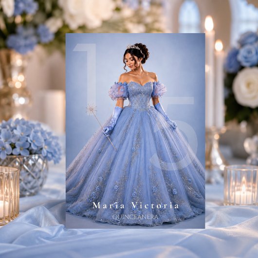 Invitation Quinceañera Conte de Fées Argent Bleu Clair