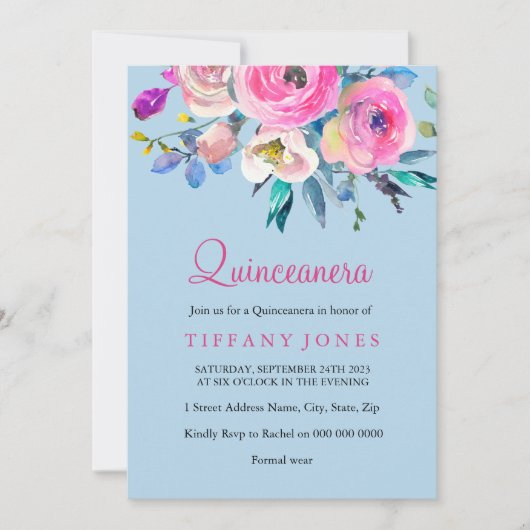 Invitation Quinceanera couleur bleu et rose (Devant)