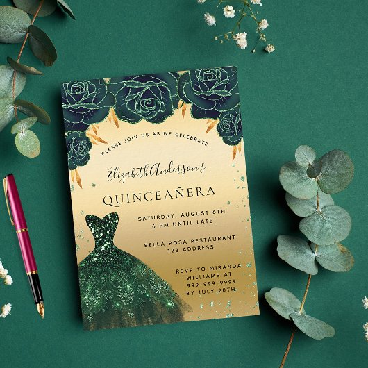 Invitation Quinceanera couleur vert émeraude or robe floral l