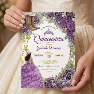 Invitation Quinceañera Country Western Roses Violettes Dorées