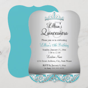 Invitation Quinceanera Couronne Damassé Argent Sar
