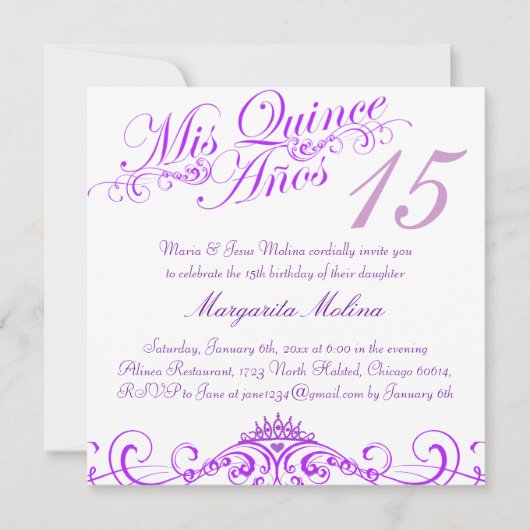 Invitation Quinceanera Couronne de Princesse Viole (Devant)