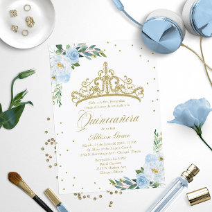 Invitation Quinceanera Couronne espagnole Or Bleu