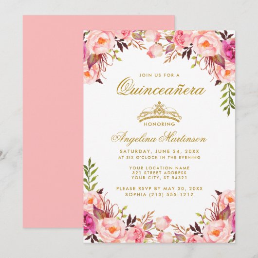 Invitation Quinceanera Couronne rose Blush or floral (Devant / Derrière)