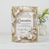 Invitation Quinceanera Crème Floral Or Blanc Tiara Party (Debout devant)