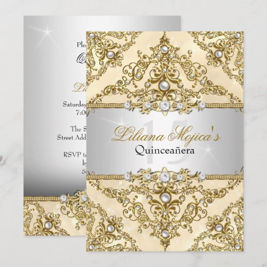Invitation Quinceanera Damask Perle Or (Devant / Derrière)