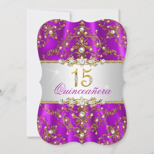 Invitation Quinceanera Damask Perle Or Pourpre (Devant)