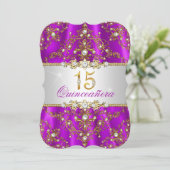 Invitation Quinceanera Damask Perle Or Pourpre (Debout devant)