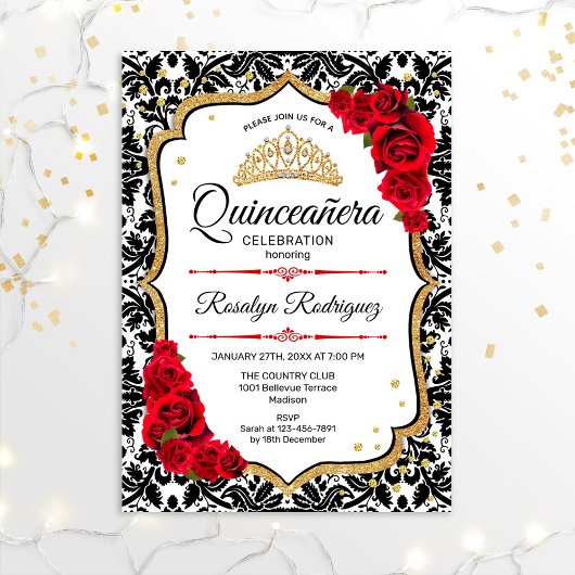 Invitation Quinceanera - Damask Red Gold