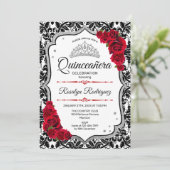 Invitation Quinceanera - Damask Red Silver (Debout devant)