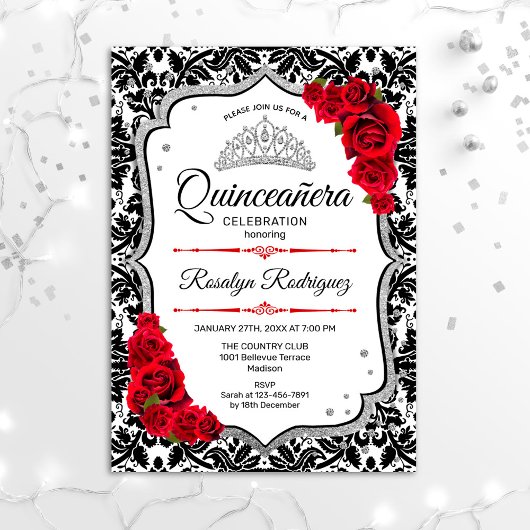Invitation Quinceanera - Damask Red Silver