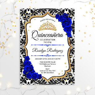 Invitation Quinceanera - Damask Royal Blue Gold