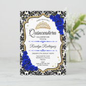 Invitation Quinceanera - Damask Royal Blue Gold (Debout devant)