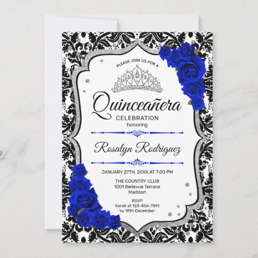 Invitation Quinceanera - Damask Royal Blue Silver (Devant)