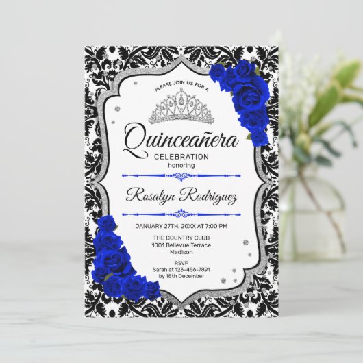 Invitation Quinceanera - Damask Royal Blue Silver (Debout devant)