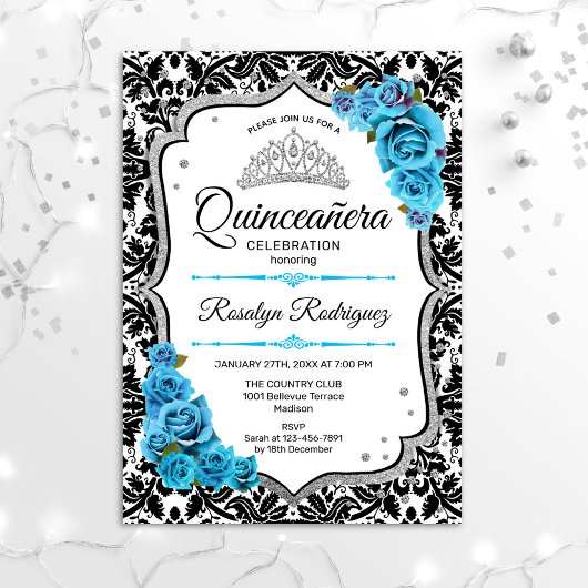 Invitation Quinceanera - Damask Silver Blue